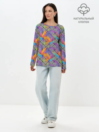 Лонгслив женский. Хлопок / Тропические цветы и узоры