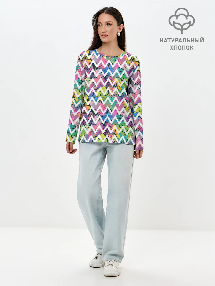 Лонгслив женский. Хлопок / Кривая линия и цветы