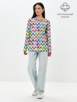 Лонгслив женский. Хлопок / Кривая линия и цветы