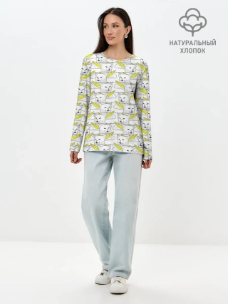 Лонгслив женский. Хлопок / Кот с бананом