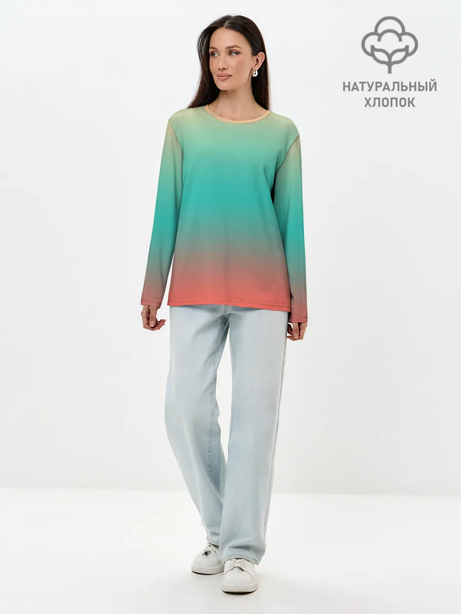 Лонгслив женский. Хлопок / Красно-бирюзовый градиент