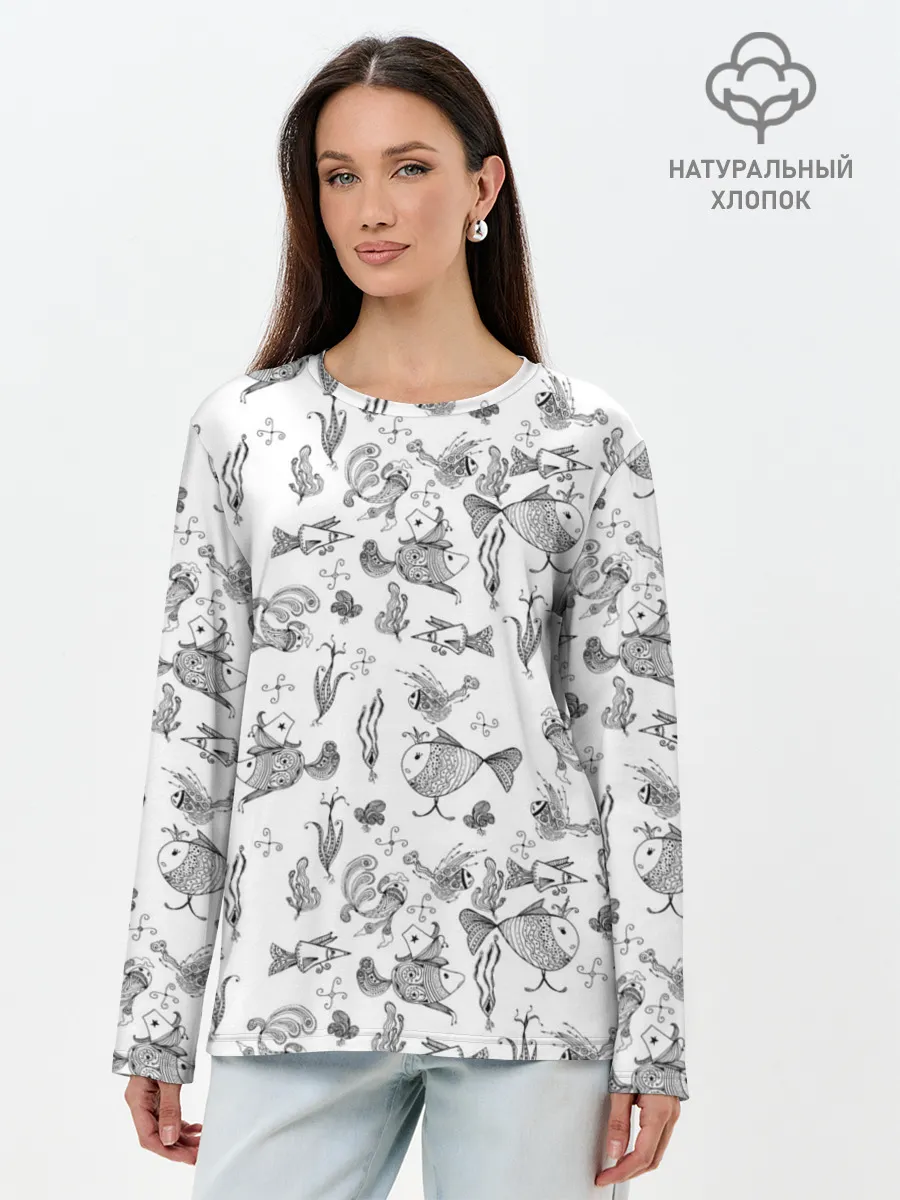 Лонгслив женский. Хлопок / Рисованные сказочные рыбки