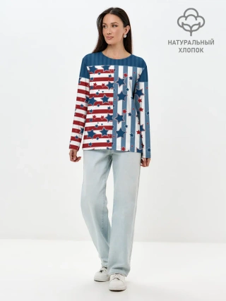 Лонгслив женский. Хлопок / Голубые звезды на полосатом