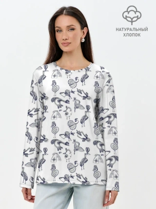 Лонгслив женский. Хлопок / Скетч сказочные птицы