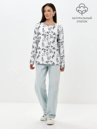 Лонгслив женский. Хлопок / Скетч сказочные птицы