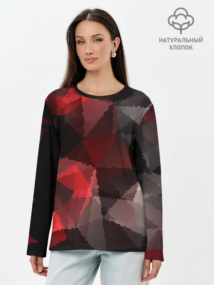 Лонгслив женский. Хлопок / Серо-красная абстракция