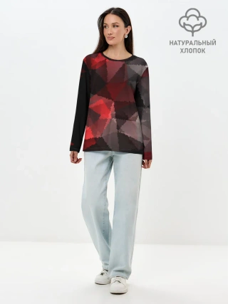 Лонгслив женский. Хлопок / Серо-красная абстракция