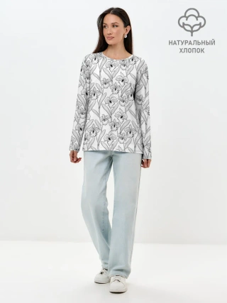 Лонгслив женский. Хлопок / Скетч. Цветы орхидеи