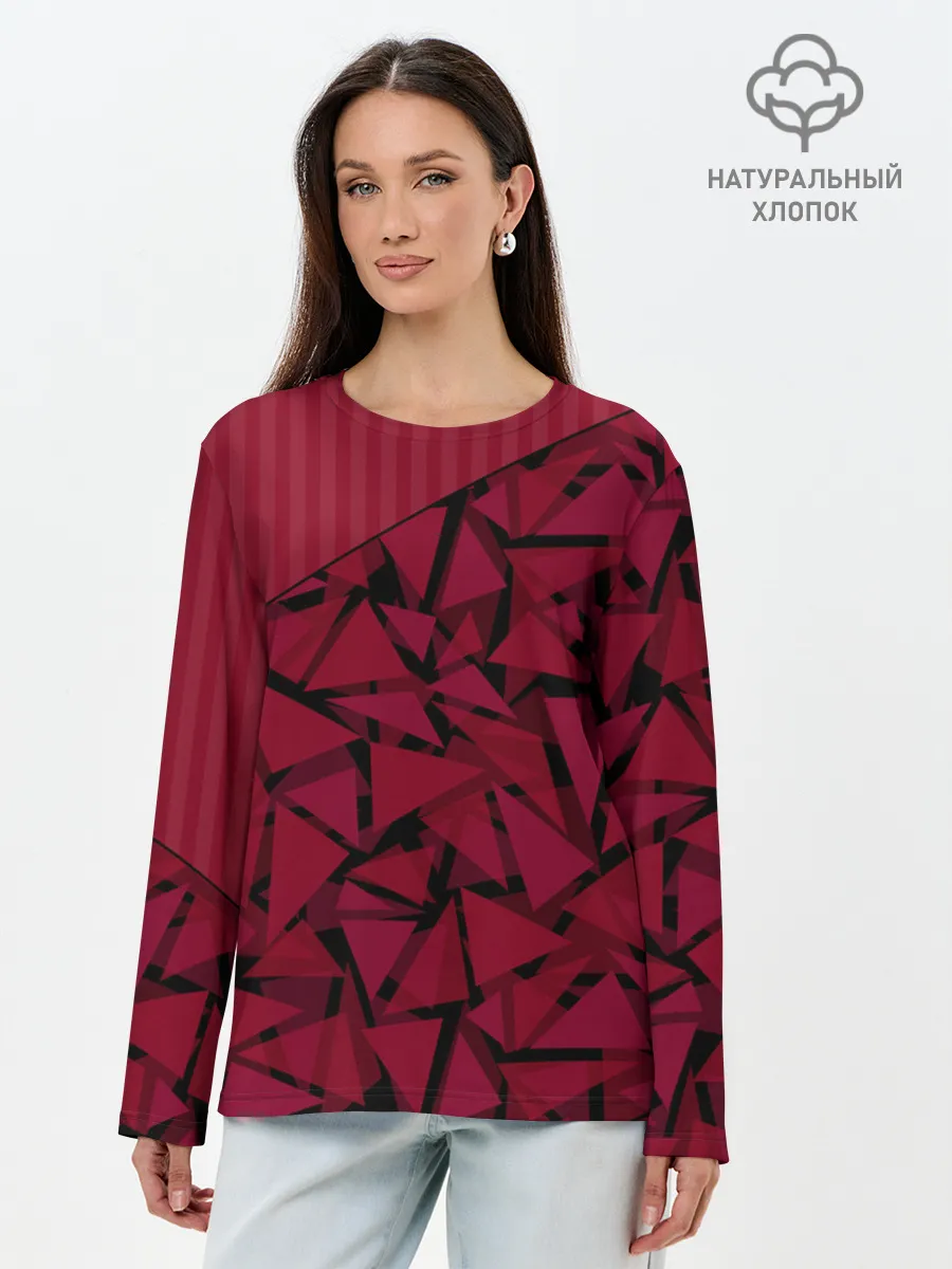 Лонгслив женский. Хлопок / Красный комбинированный узор