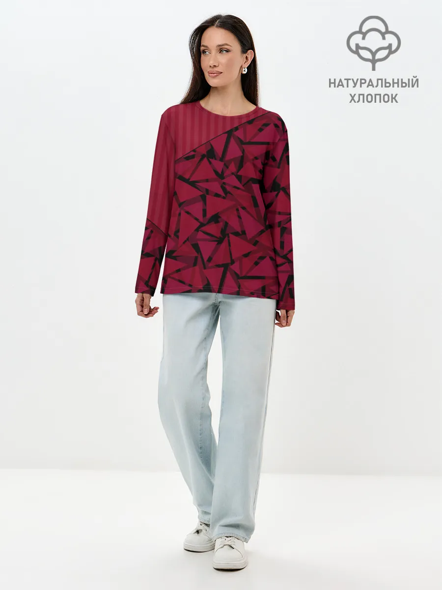 Лонгслив женский. Хлопок / Красный комбинированный узор