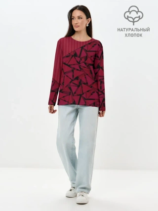 Лонгслив женский. Хлопок / Красный комбинированный узор