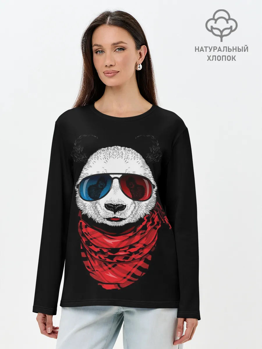 Лонгслив женский. Хлопок / Панда Хипстер в Очках