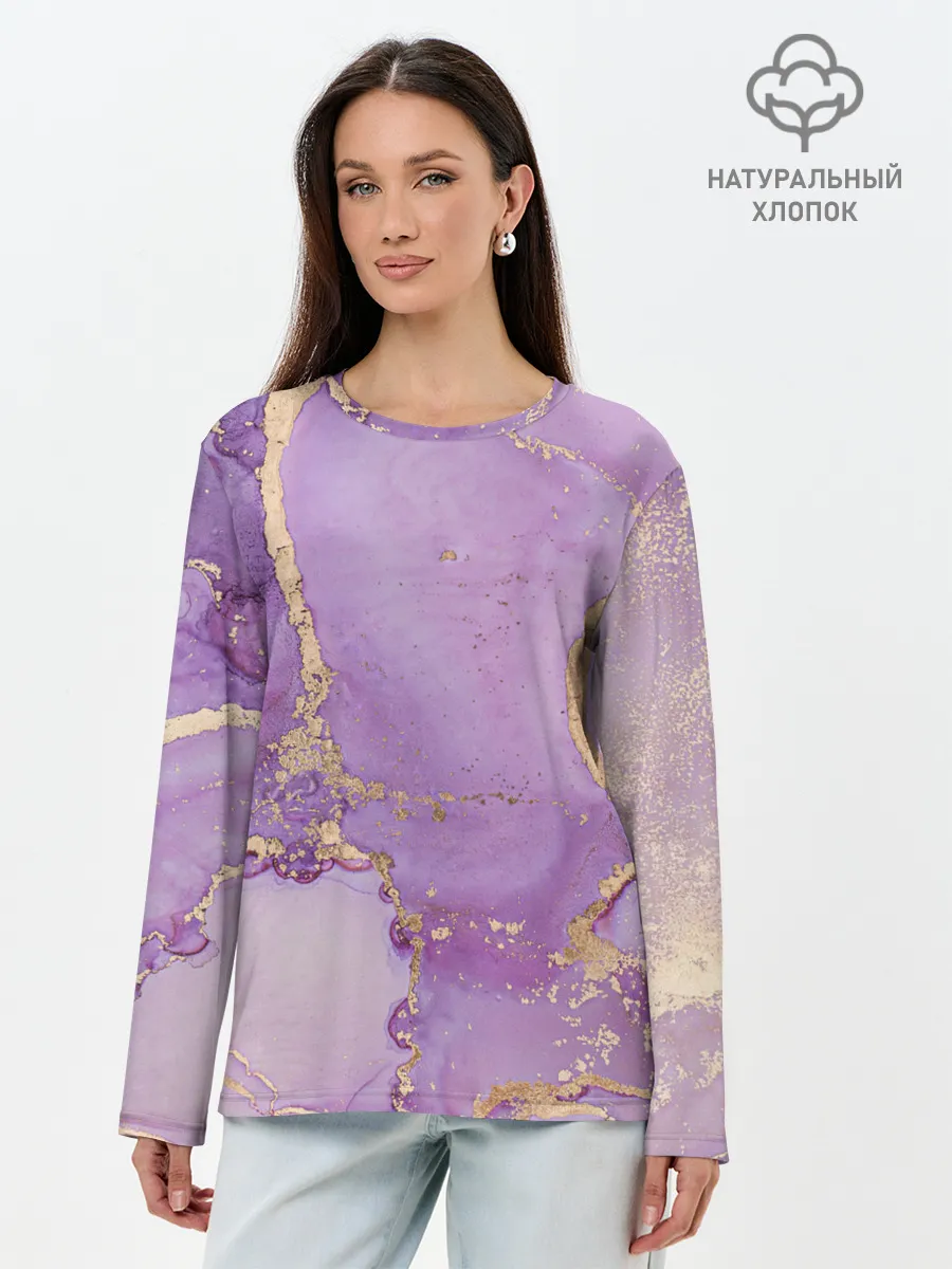 Лонгслив женский. Хлопок / Сиреневые разводы краски