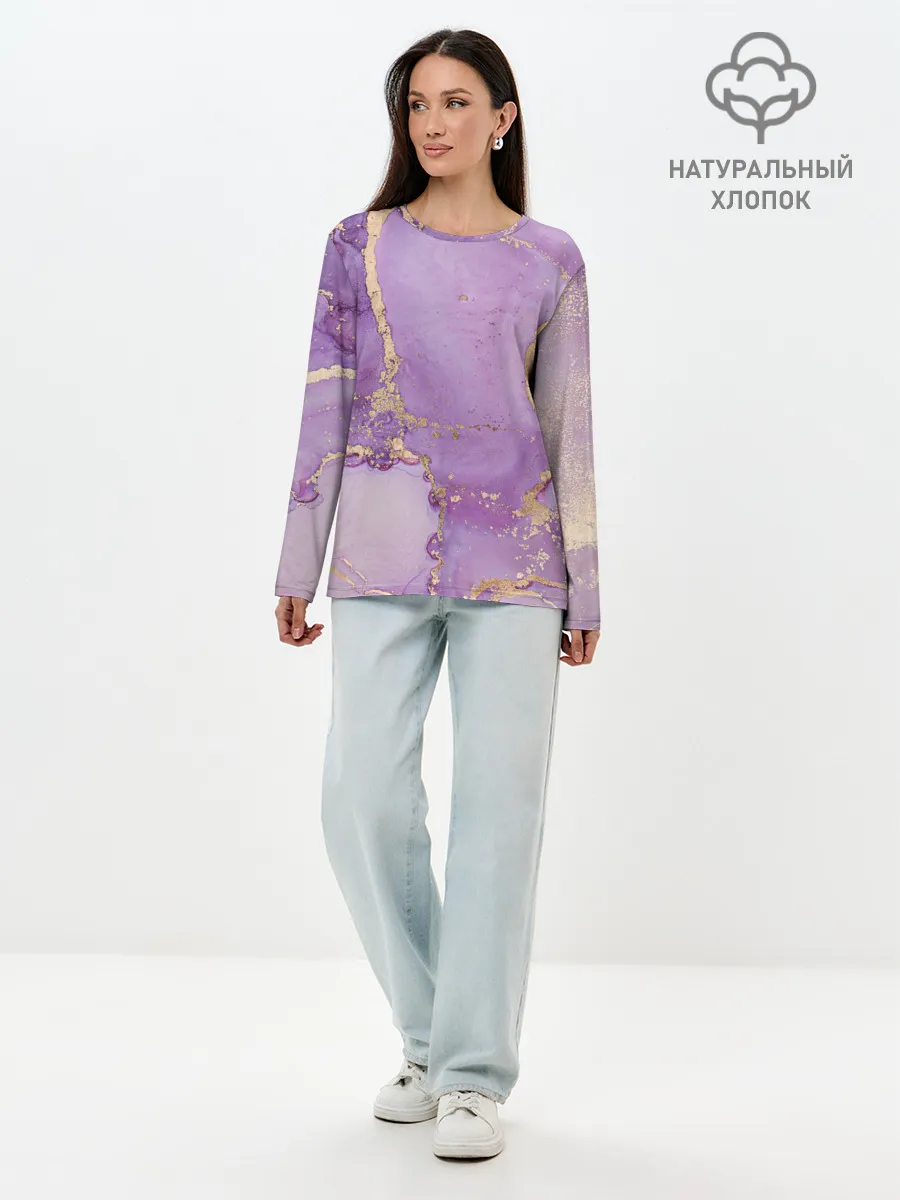Лонгслив женский. Хлопок / Сиреневые разводы краски