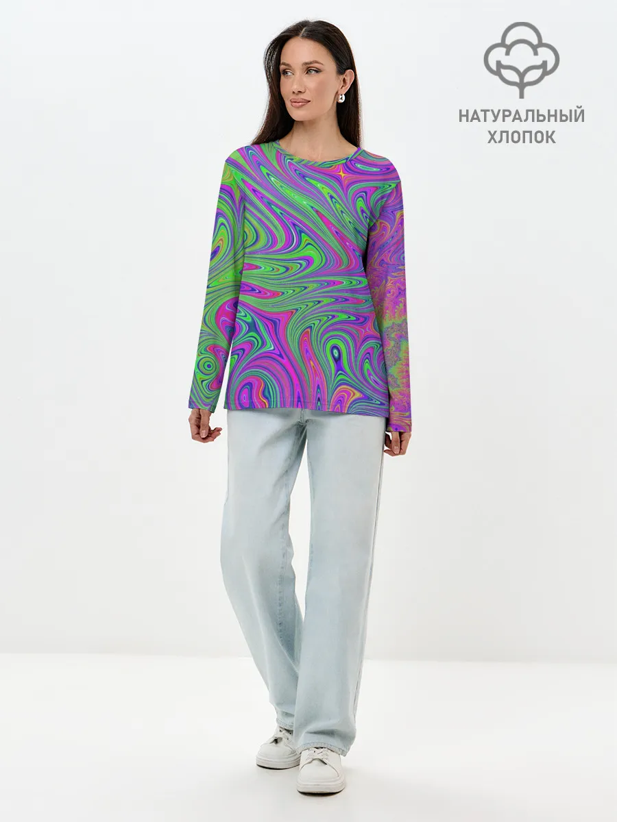 Лонгслив женский. Хлопок / Неоновый абстрактный узор