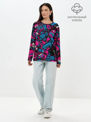 Лонгслив женский. Хлопок / Мультяшные кислотные картинки