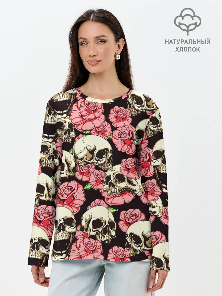 Лонгслив женский. Хлопок / Черепа и цветы