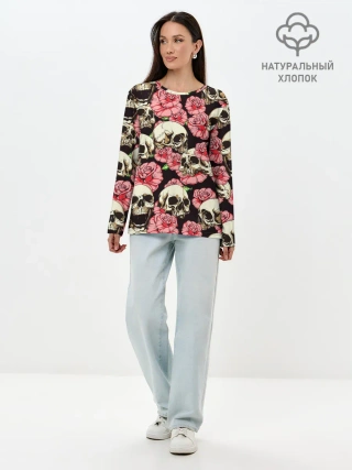 Лонгслив женский. Хлопок / Черепа и цветы