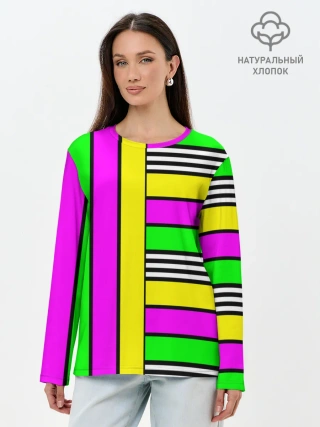 Лонгслив женский. Хлопок / полосатый неоновый модный узор