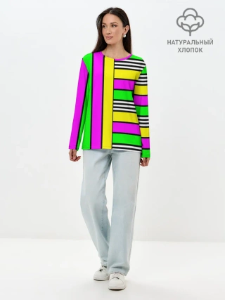 Лонгслив женский. Хлопок / полосатый неоновый модный узор