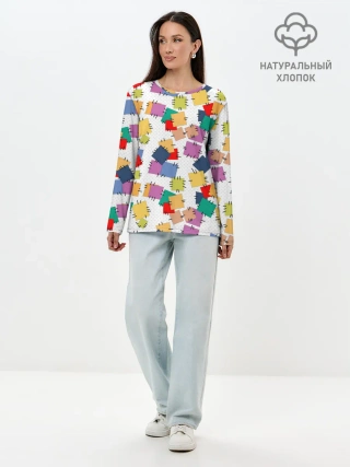 Лонгслив женский. Хлопок / Ретро узор-заплатки.
