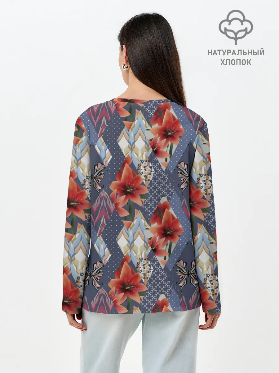 Лонгслив женский. Хлопок / Оранжево-серый пэчворк