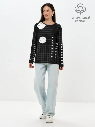 Лонгслив женский. Хлопок / Черно-белые фигуры 3D