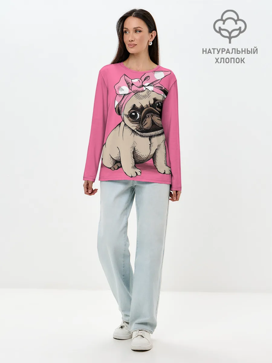 Лонгслив женский. Хлопок / Мопс | собака