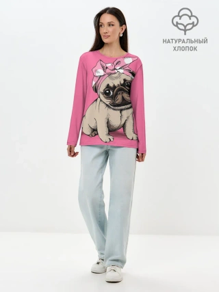 Лонгслив женский. Хлопок / Мопс | собака