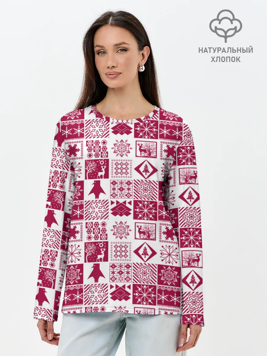 Лонгслив женский. Хлопок / Новогодний рождественский узор