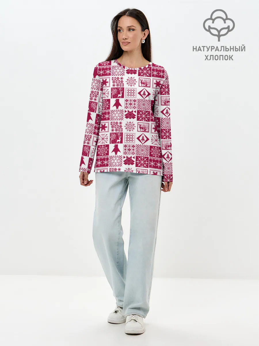 Лонгслив женский. Хлопок / Новогодний рождественский узор