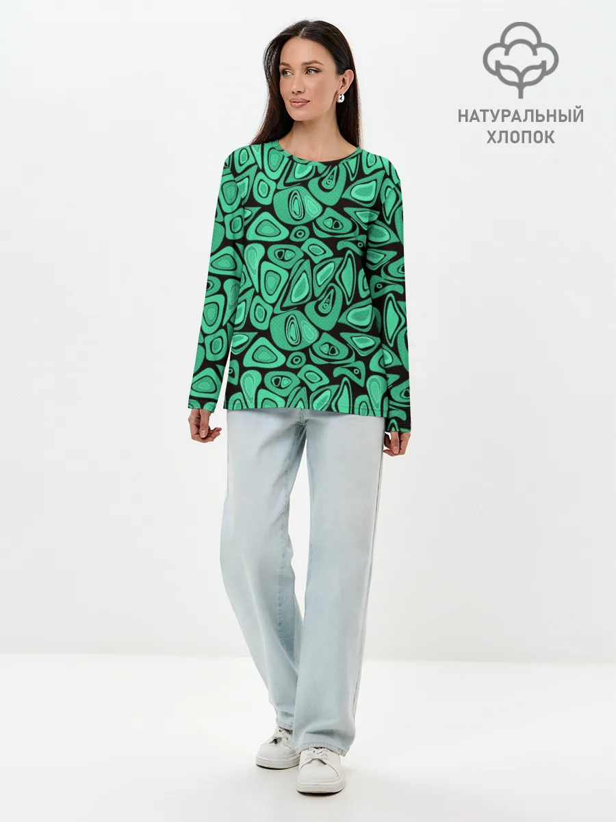 Лонгслив женский. Хлопок / Зеленый абстрактный узор