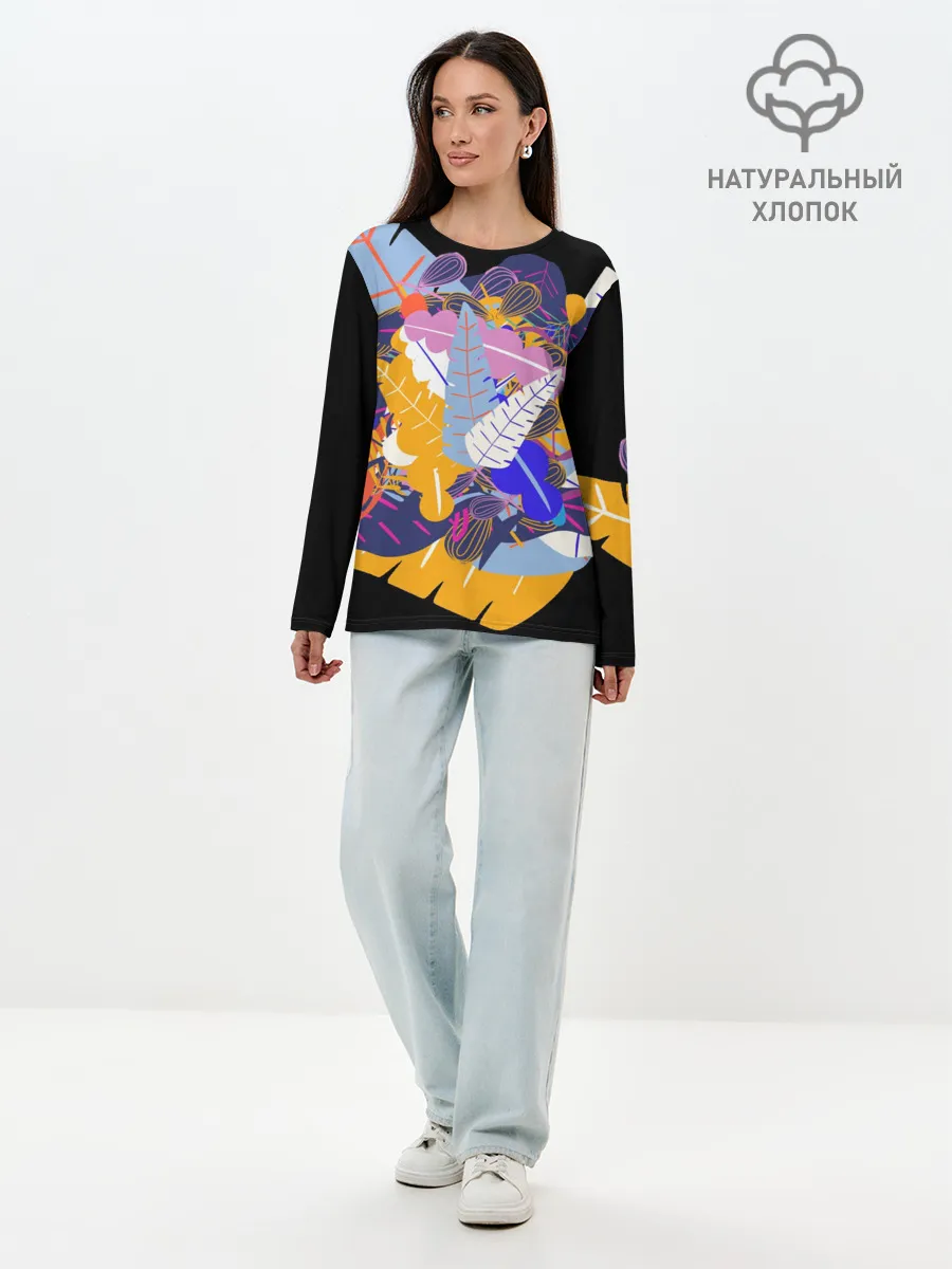 Лонгслив женский. Хлопок / узор из листьев и цветов