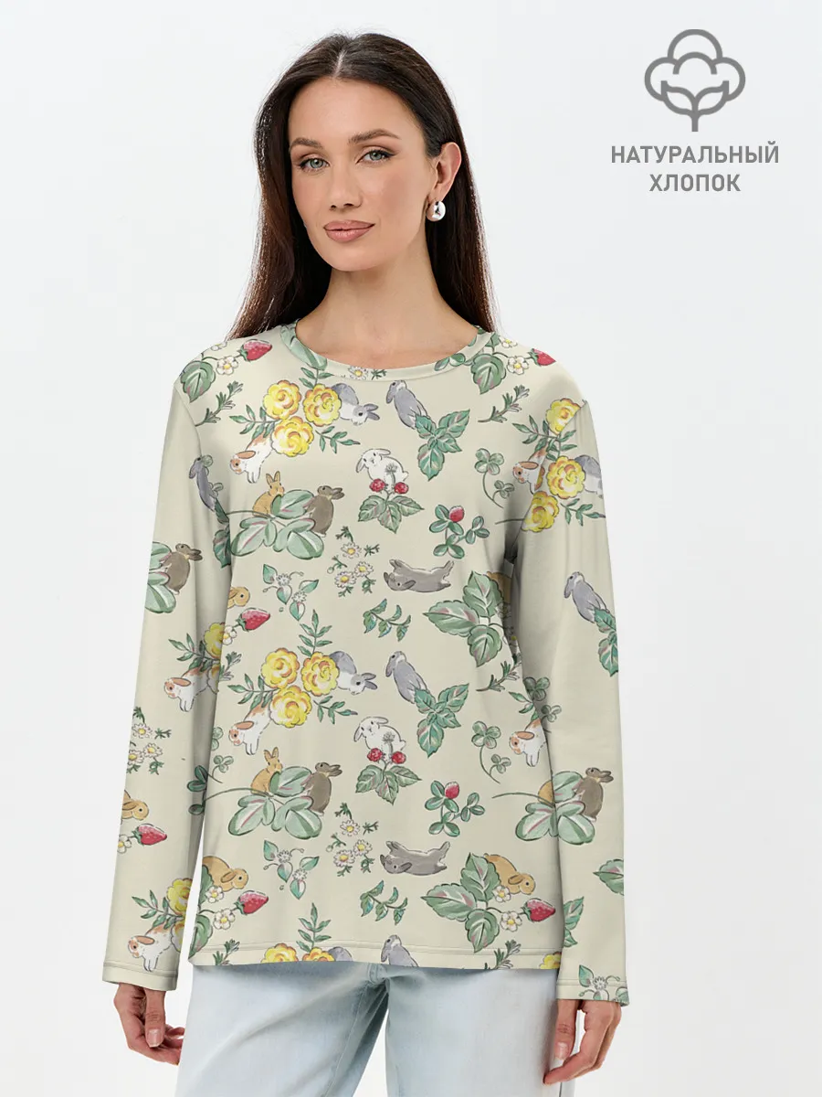 Лонгслив женский. Хлопок / Зайчики с Цветочками