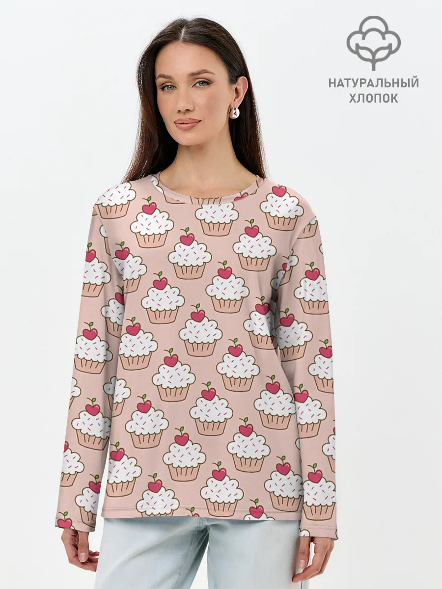 Лонгслив женский. Хлопок / Вишенка на кексе
