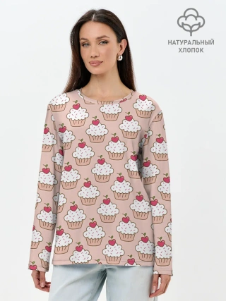 Лонгслив женский. Хлопок / Вишенка на кексе