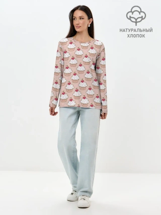 Лонгслив женский. Хлопок / Вишенка на кексе