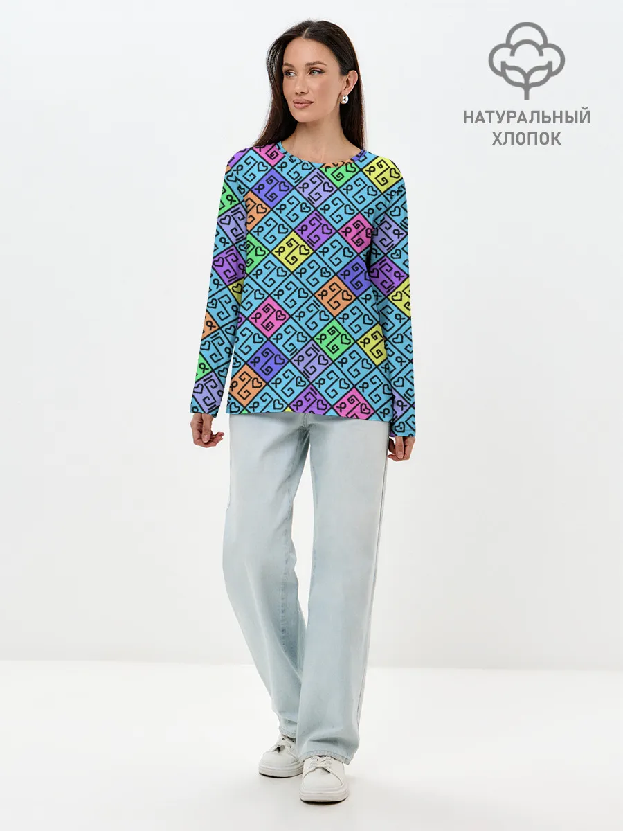 Лонгслив женский. Хлопок / Неоновый яркий абстрактный узо