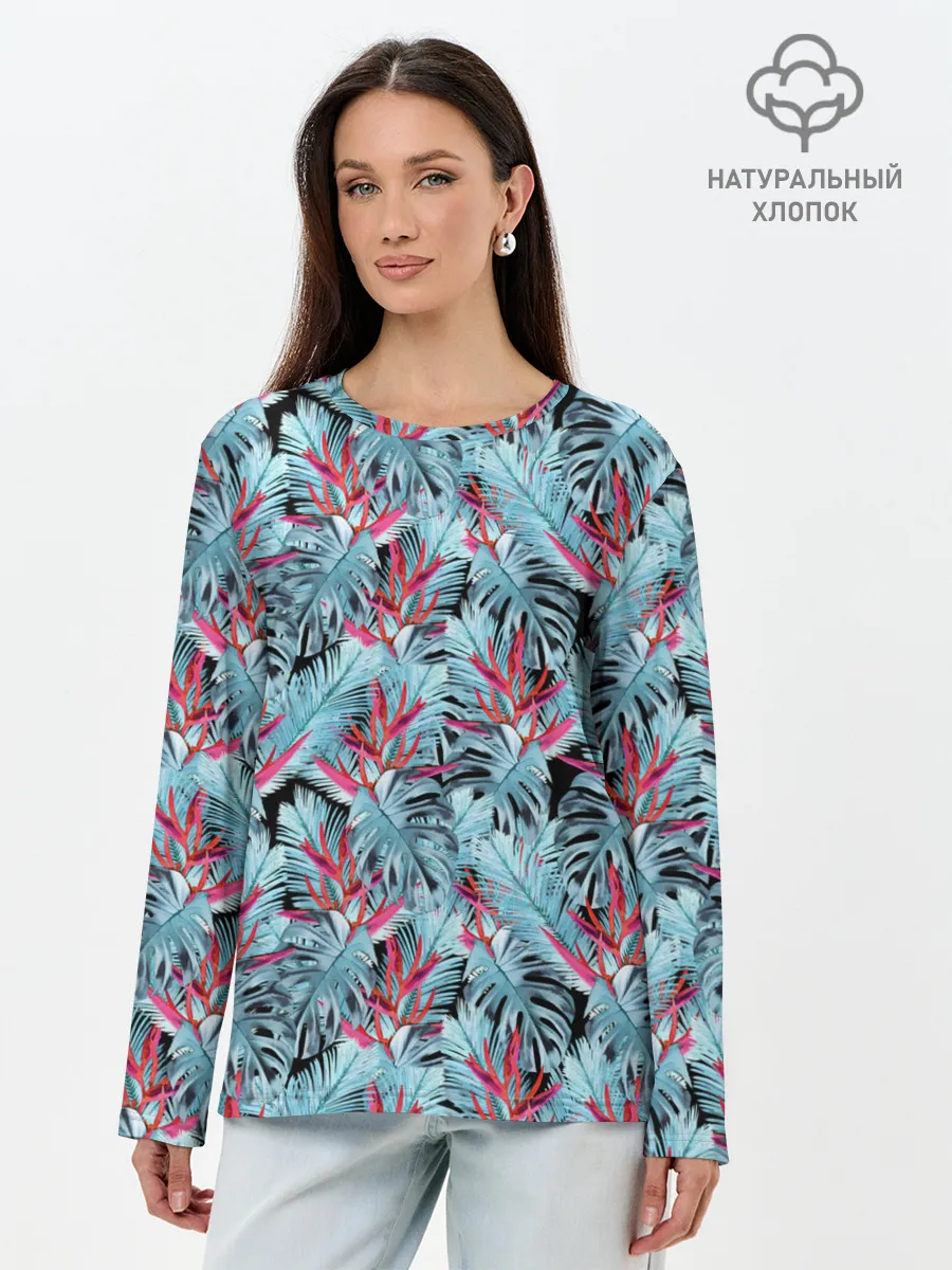 Лонгслив женский. Хлопок / Розово-голубой тропический