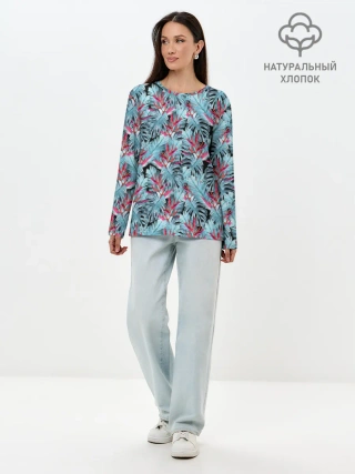 Лонгслив женский. Хлопок / Розово-голубой тропический
