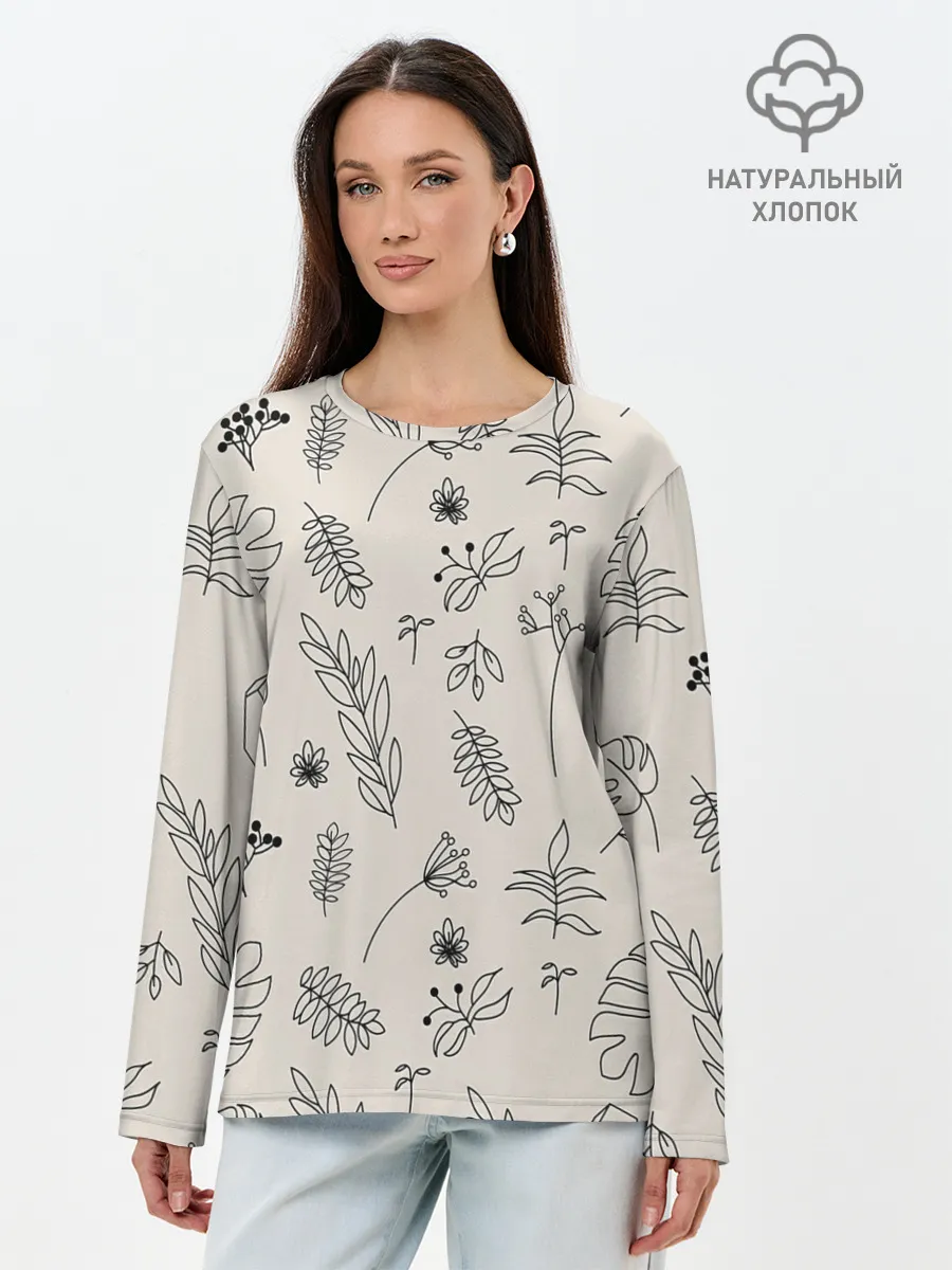 Лонгслив женский. Хлопок / Цветы и листья