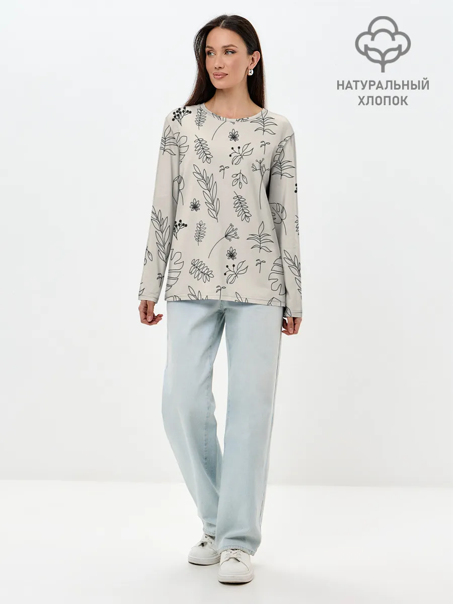 Лонгслив женский. Хлопок / Цветы и листья