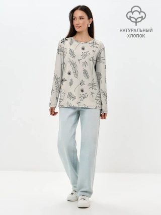 Лонгслив женский. Хлопок / Цветы и листья
