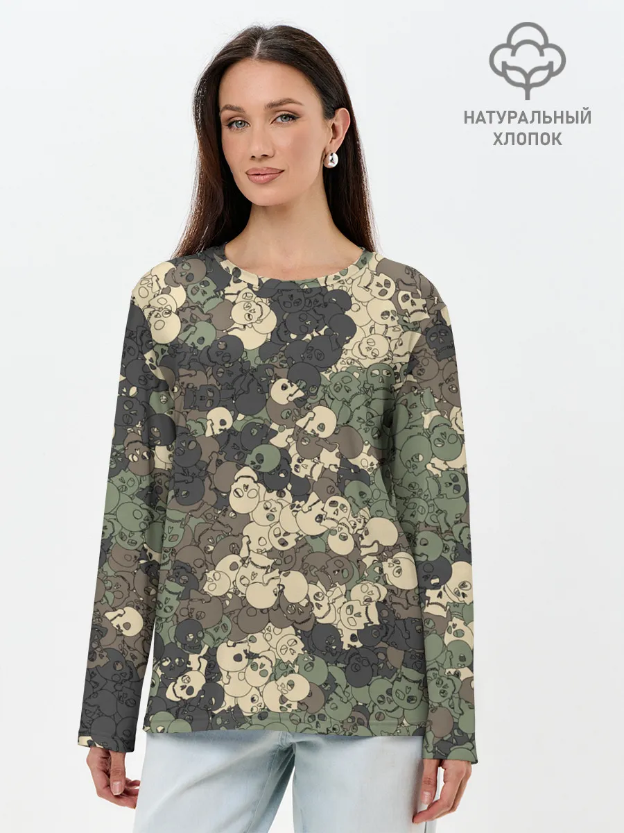 Лонгслив женский. Хлопок / Камуфляжный рисунок из черепов