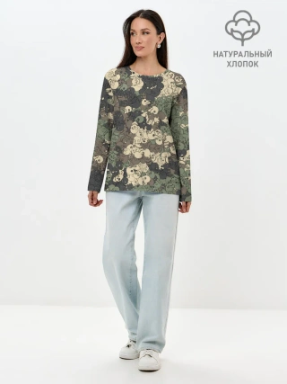 Лонгслив женский. Хлопок / Камуфляжный рисунок из черепов