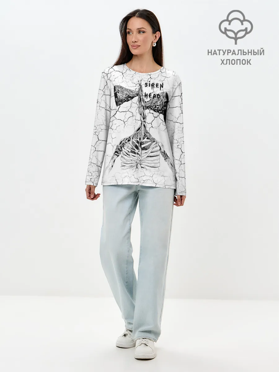 Лонгслив женский. Хлопок / Сиреноголовый Трещины Надпись