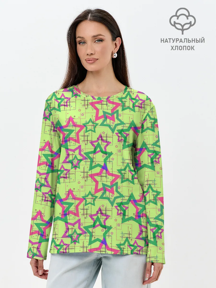 Лонгслив женский. Хлопок / Зеленый узор Звезды