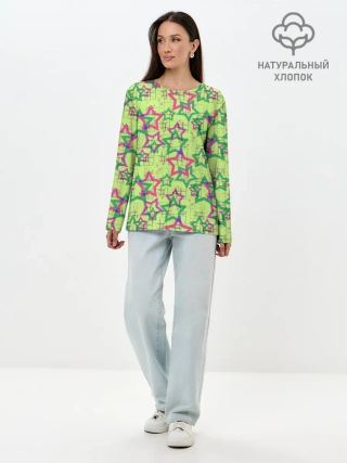 Лонгслив женский. Хлопок / Зеленый узор Звезды