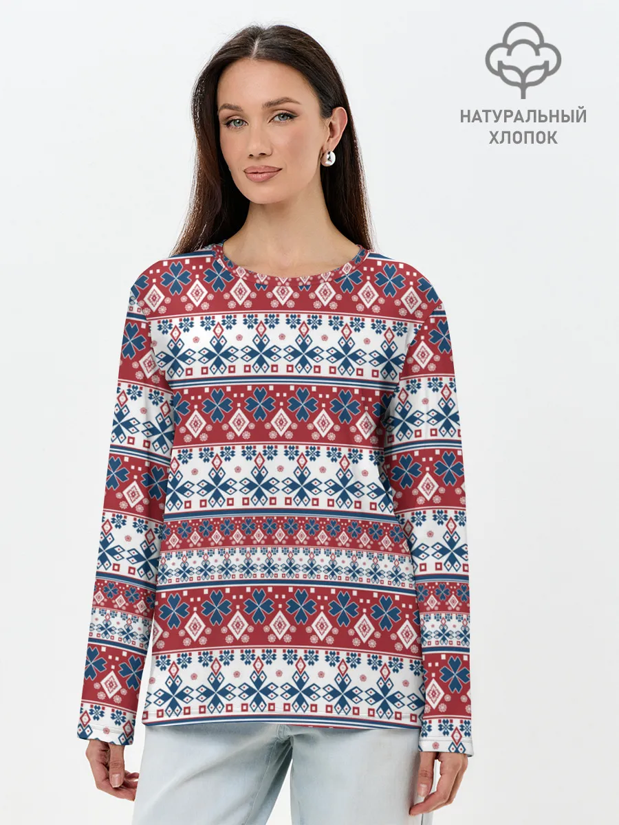 Лонгслив женский. Хлопок / Этнический красно-синий узор
