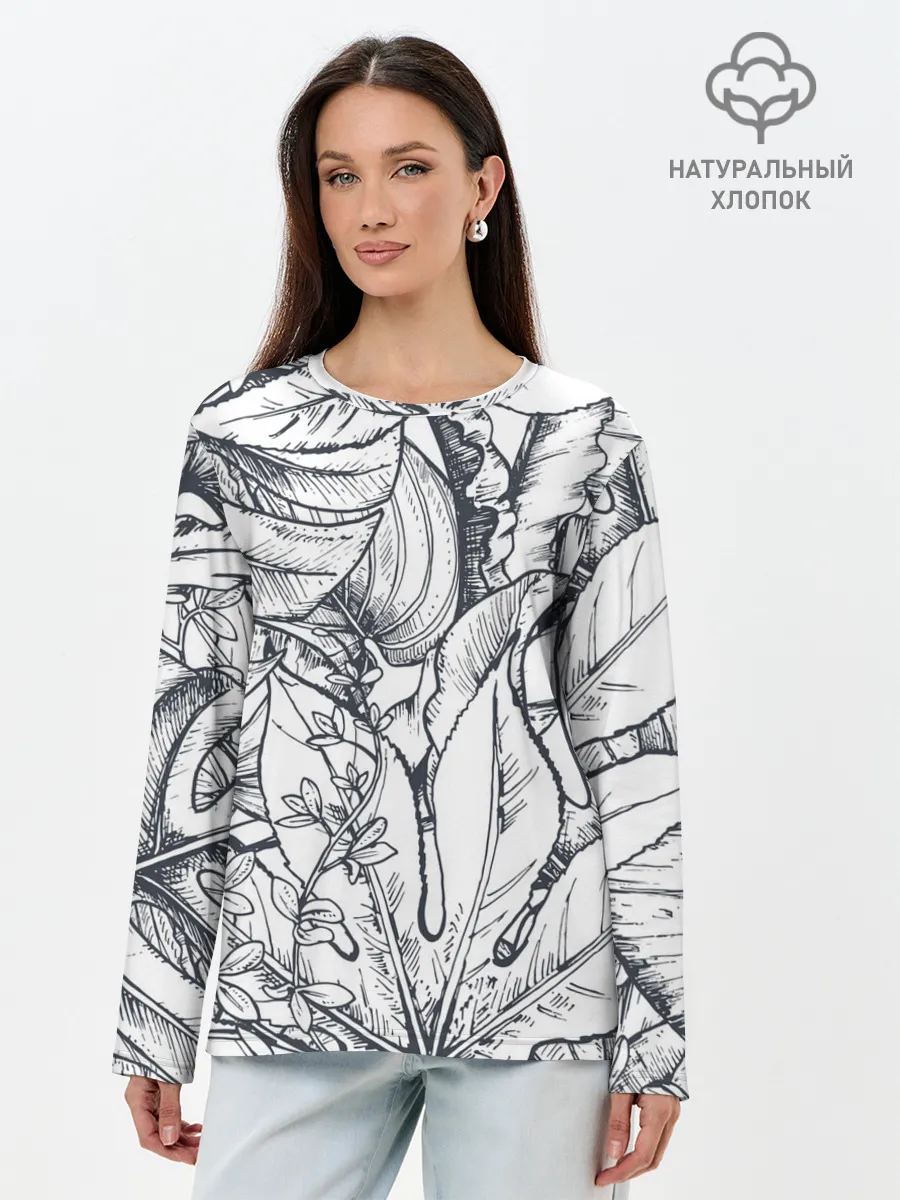 Лонгслив женский. Хлопок / Тропические листья